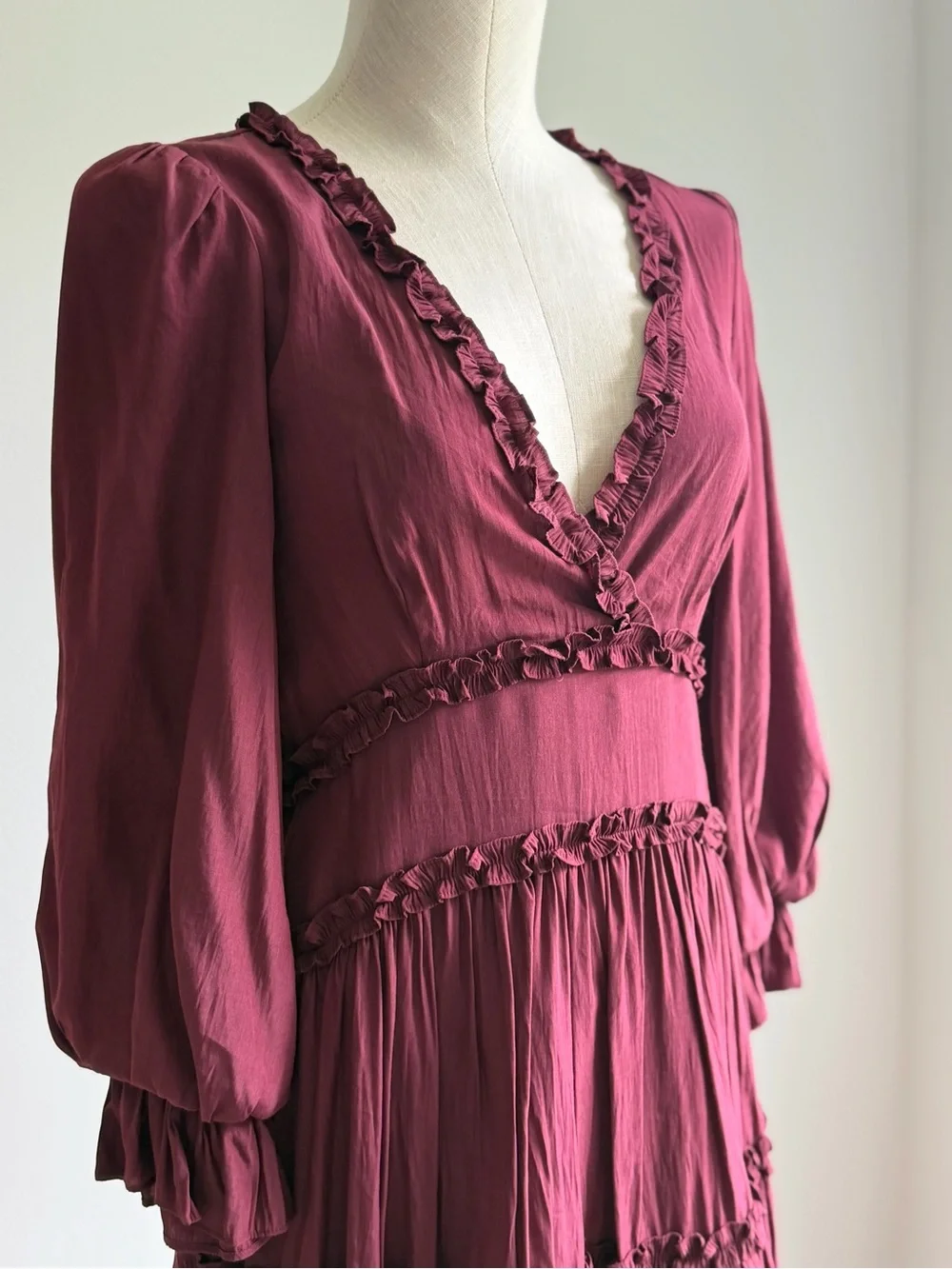 Mustard Seed Ruffle Tiered V-Neck Dress - Wine